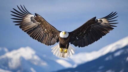 Fototapeta premium Bald eagle soaring in a clear blue sky with wings fully extended