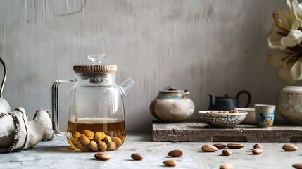 Minimal modern interior with a glass kettle of Chinese tea traditional pottery and a few scattered almonds