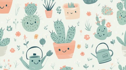 A whimsical pattern featuring cute cacti, pots, and gardening tools with cheerful expressions.