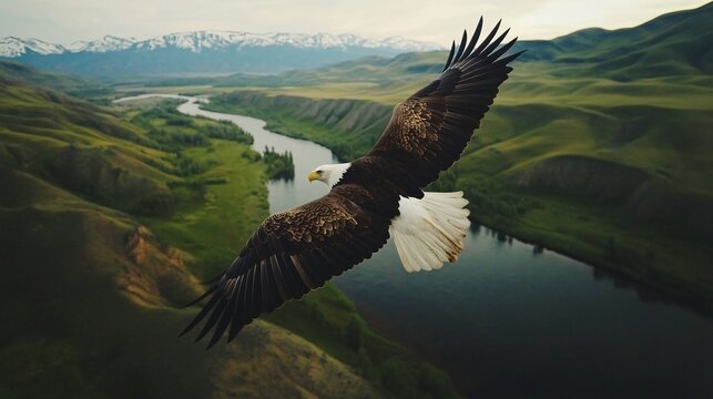 Aerial view of a bald eagle gliding gracefully over a serene landscape