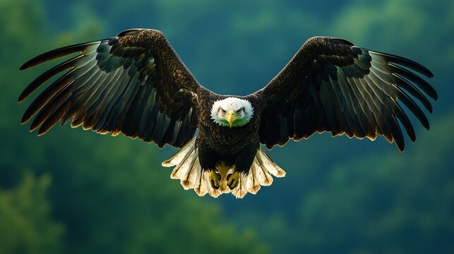 Bald eagle in a steep dive wings tucked in as it speeds toward the ground