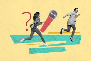 Creative collage picture young girl journalist microphone run escape interview speech reportage...