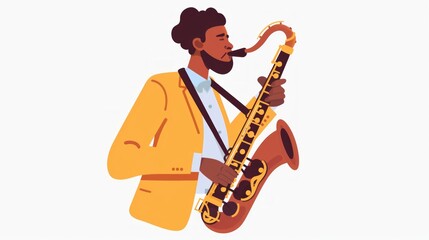 Naklejka premium A lively image shows a black man in a yellow suit playing a saxophone with a cigarette in his mouth. The warm colors suggest joy and artistic expression.