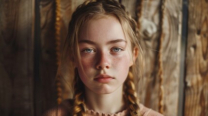 Fototapeta premium A girl with braided hair gazes intently, her expression pensive against a textured wooden background, capturing a moment of contemplation.