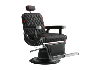 Elegant black barber chair with quilted upholstery and adjustable features isolated on transparent background