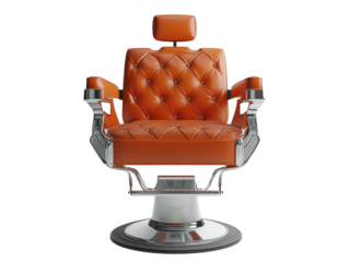 Elegant orange barber chair with tufted upholstery and chrome base isolated on transparent background