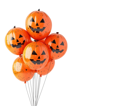 Colorful Halloween balloons with jack-o'-lantern faces floating against transparent background. Space for copy.