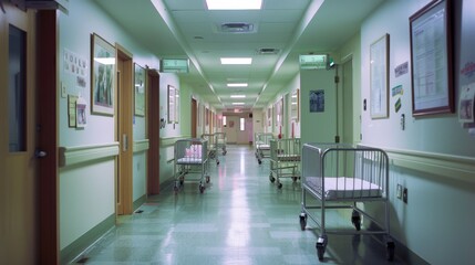 Fototapeta premium A deserted, sterile hospital corridor with neatly arranged equipment along the walls, embodying the quietude and clinical precision of medical care.