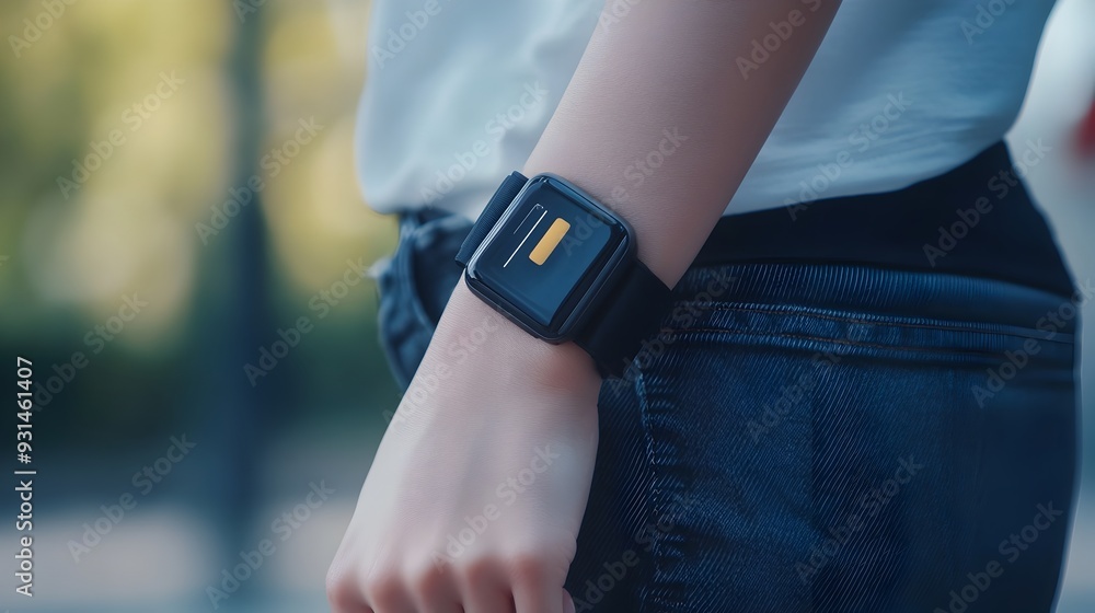 Poster discreet wearable glucose monitor attached to the upper arm with a smartphone displaying the real ti
