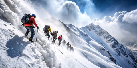 Braving the Elements: Team Endeavor in the Snowy Mountains. A group of determined climbers faces the challenges of a snow-covered mountain trail, showcasing teamwork.