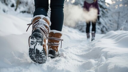 Woman Walking on Forest Trail in Snow 

Description: Close-up of a woman's feet in teal sneakers walking on a forest trail surrounded by snow.