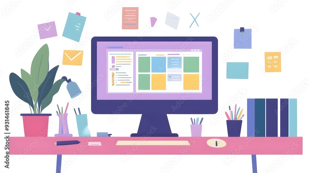 Poster a clean and minimalist desktop filled with various productivity tools like task managers calendars a