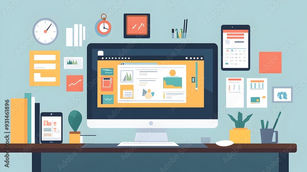 Poster a clean and organized desktop workspace filled with various digital productivity tools like task man