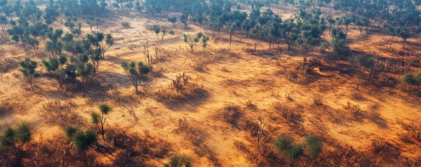 Aerial view of a vast, dry landscape featuring scattered trees and orange soil, showcasing the beauty of nature's biome.