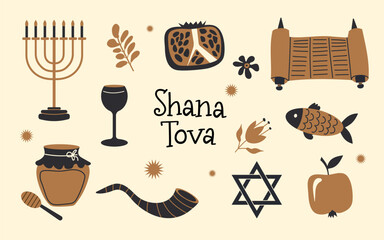 Rosh Hashanah vector illustration set, Shana Tova collection for Jewish New year. Apple, honey, flowers and leaves, Jewish New Year symbols and icons.