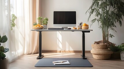 Balanced Work from Home Setup with Essential Healthy Routine Elements   Standing Desk Yoga Mat and Nutritious Snacks for Productivity and Wellbeing
