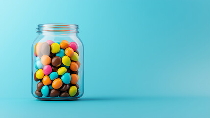 A glass jar filled with colorful chocolate candies on a blue background