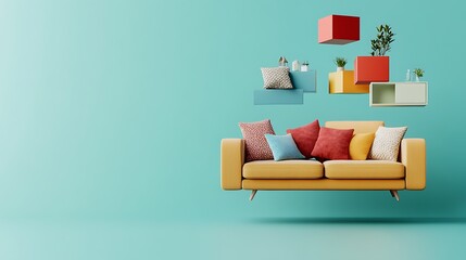 Yellow sofa with colorful pillows in front of turquoise wall with floating shelves.