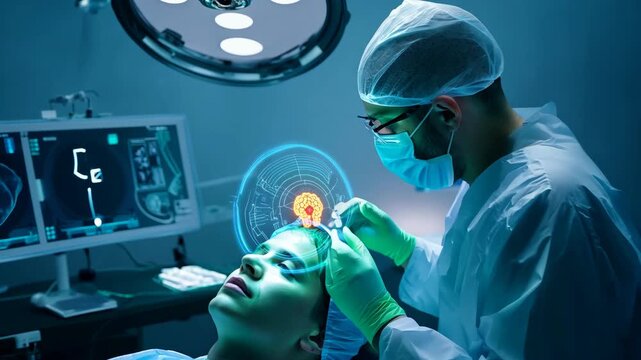 Concept of future technologies. Modern chip installed in patient head. Memory improvement, decode and stimulate brain activity. Surgically embedded neural-chip implant. BCI brain-computer interface.