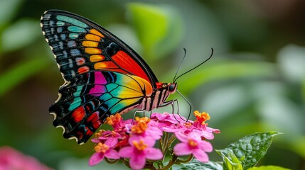 Fototapeta premium Butterfly with colorful wings feeding on a pink blossom surrounded by green foliage