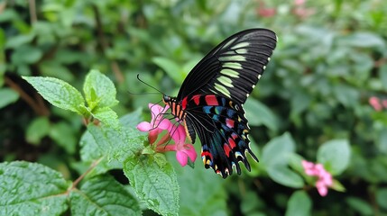 Fototapeta premium Butterfly with colorful wings feeding on a pink blossom surrounded by green foliage