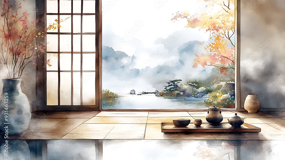 Canvas Prints Tranquil Asian Tea Ceremony Setting with a View of Misty Mountains and a Lake.