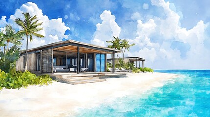 Tropical Beach House with Watercolor Effect.