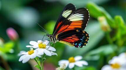 Fototapeta premium Butterfly feeding on a small white flower its wings showing vibrant colors