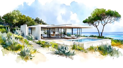 Fototapeta premium Modern Coastal Home with Pool and Ocean View - Watercolor Illustration.