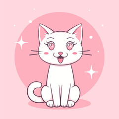 White smiling cat on pink background. Vector cute animal character.