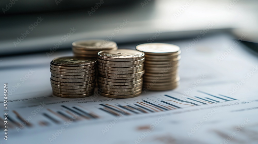 Poster a stack of coins and a graph with a rising trend line represent growth or increase in value.