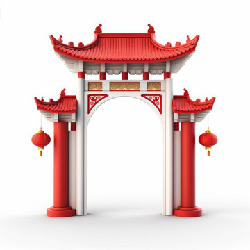 generated illustration Chinese gate at the entrance with red chinese lantern against white