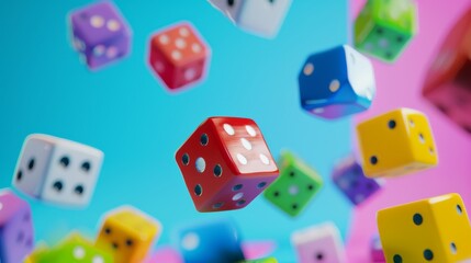 A collection of colorful dice floating mid-air against a vivid blue and pink background, evoking a sense of playfulness and chance.