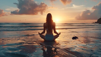 Fototapeta premium Young woman sitting in lotus position and does yoga for healthy lifestyle on ocean beach Female performing sports exercises to restore strength and spirit Yoga position on seashore at : Generative AI