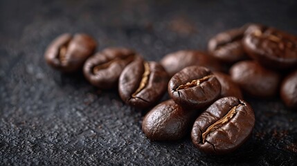 Naklejka premium Roasted coffee beans on dark background Selective focus : Generative AI