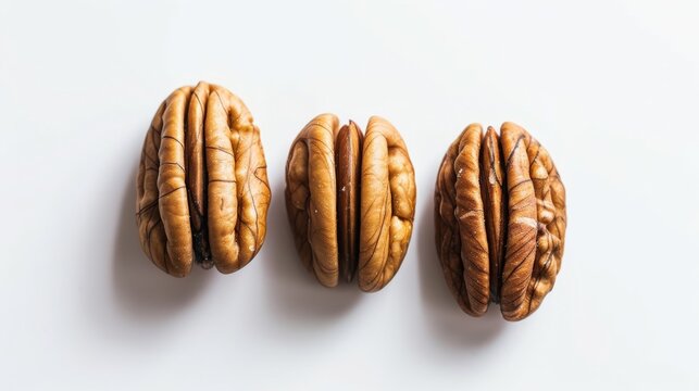 Three unshelled walnuts lined up on a white background, showcasing their natural texture and color.