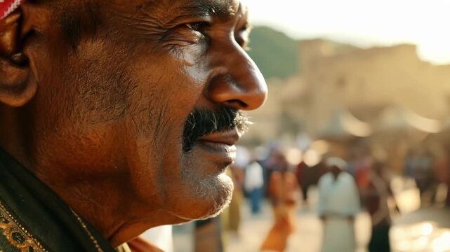 Cheerful senior arab man stands in a bustling outdoor marketplace. His face beaming with happiness. Reflecting his rich cultural heritage and wisdom. Lost in thought amidst the crowded street