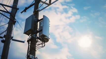 A utility pole with telecommunications equipment stands against a bright blue sky, symbolizing connectivity and technological advancement.