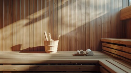 Peaceful sauna room with wooden interior, featuring a bucket, ladle, towels, and serene natural light filtering through wooden slats.