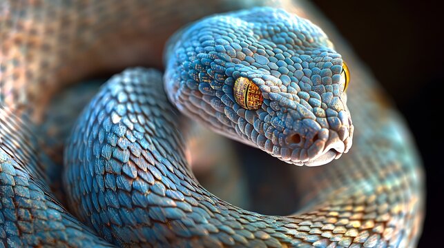 A close-up of a snake head with its body coiled in a perfect spiral, each scale detailed with layers of Python code, soft, diffused lighting highlighting the contrast between organic and digital