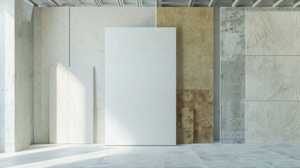 Minimalist abstract art installation in a spacious gallery, featuring large, monochromatic panels and clean geometric lines, creating a serene and contemplative environment.