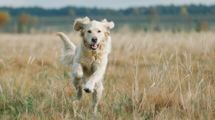 Obraz premium A golden retriever joyfully runs through a golden field, capturing a moment of pure happiness and freedom in nature.