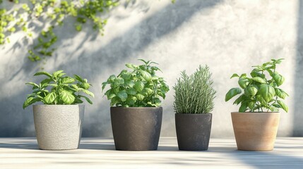 Fototapeta premium A serene arrangement of potted plants showcasing freshness and greenery, perfect for home decor and gardening inspirations.