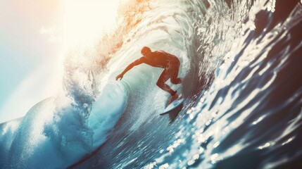 A surfer bravely navigates a towering wave illuminated by the warm rays of the sun, capturing the thrill and beauty of an oceanic adventure.