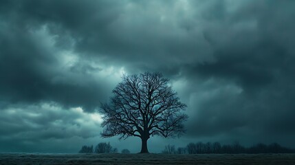 A solitary winter tree stands resiliently against the backdrop of brooding dark clouds its bare branches reaching skyward like intricate veins against the impending storm a stark yet c : Generative AI