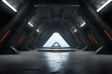 Futuristic interior with concrete walls and a platform.