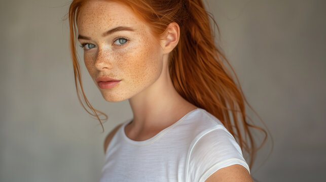 A portrait of a redhead model with freckles and blue eyes wearing white t-shirt