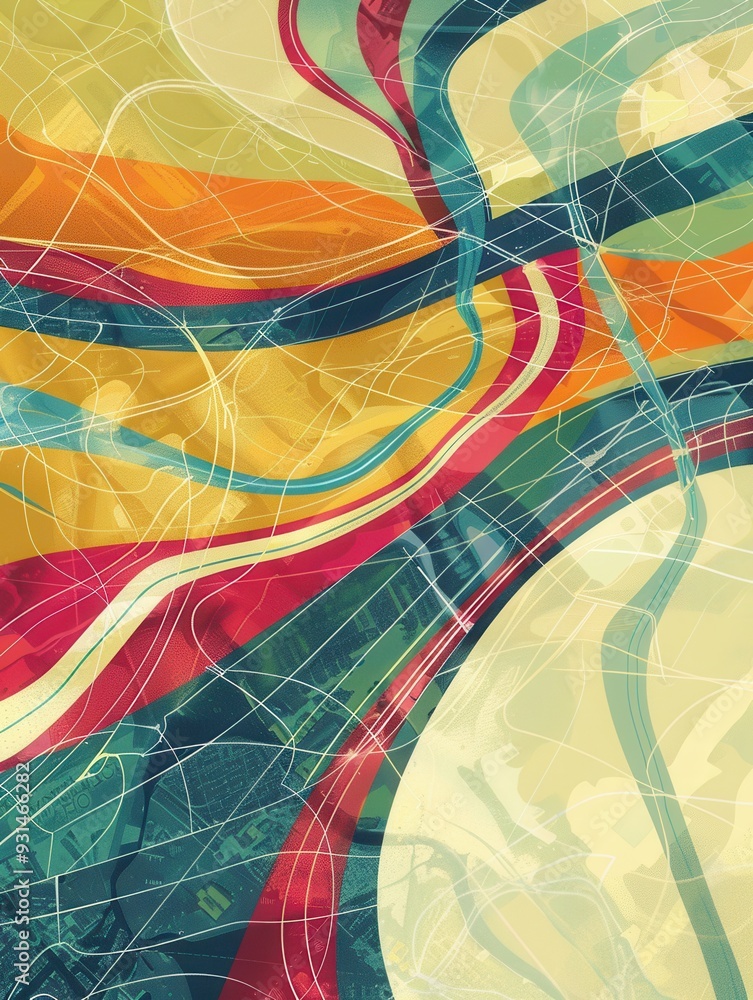 Poster dynamic, colorful lines crisscross a stylized map, representing connectivity and direction for logis