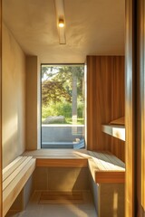 A small room with a window and a bench. The bench is wooden and has a view of the outside