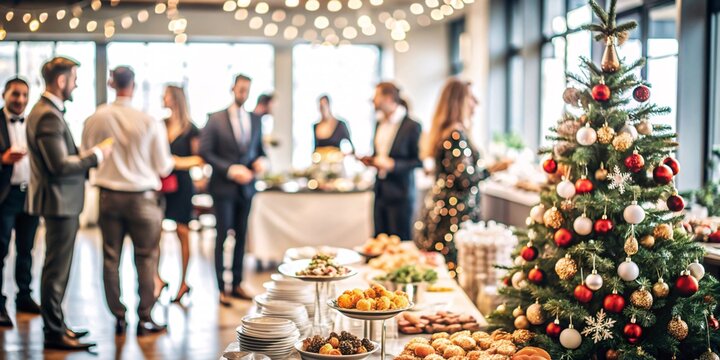 Festive Office Christmas Party with Delicious Food. A beautifully decorated office space with Christmas trees and festive lights, set up for a holiday party.